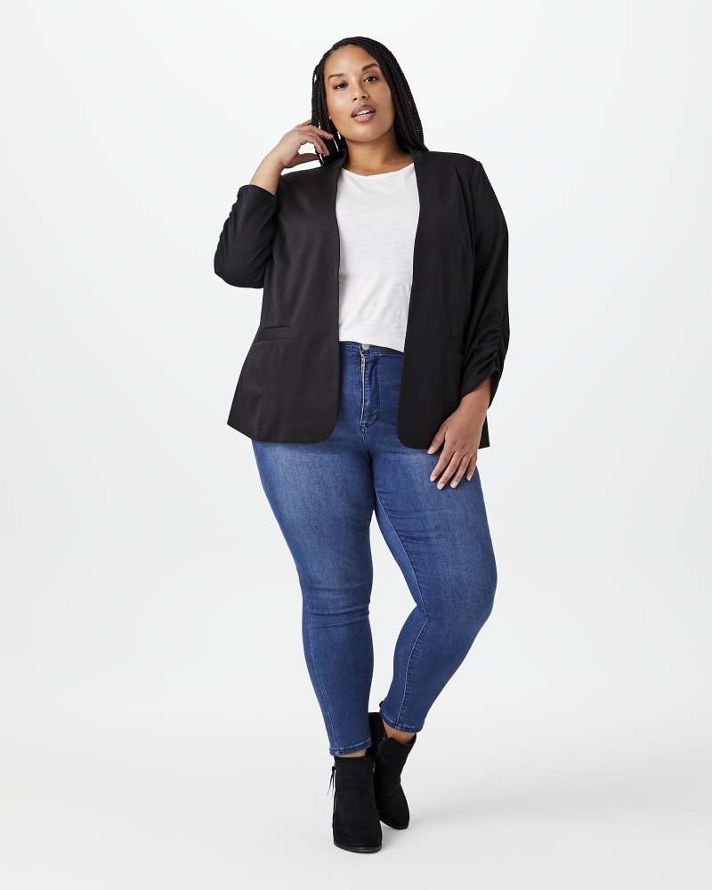 Plus size model with hourglass body shape wearing Meredith Ruched-Sleeve Blazer by East Adeline | Dia&Co | dia_product_style_image_id:144493